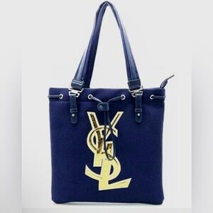 Yves Saint Laurent (YSL) Navy Blue and Gold Canvas Tote Bag GPW NWT